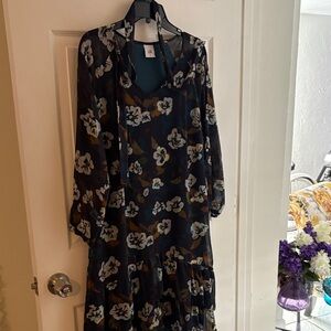 CAbi Navy Floral Long Sleeve Dress